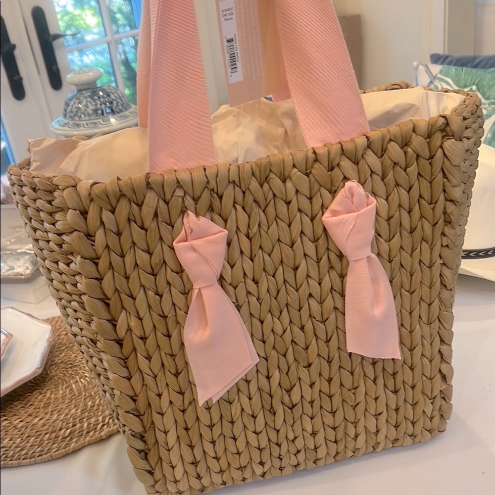 NWT Pamela Munson Chic Woven Tote Bag with Pink gross grain straps.